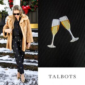 NWT New Years Champagne Glass RSVP by Talbots Jacquard Black/Gold Satin Pants 14
